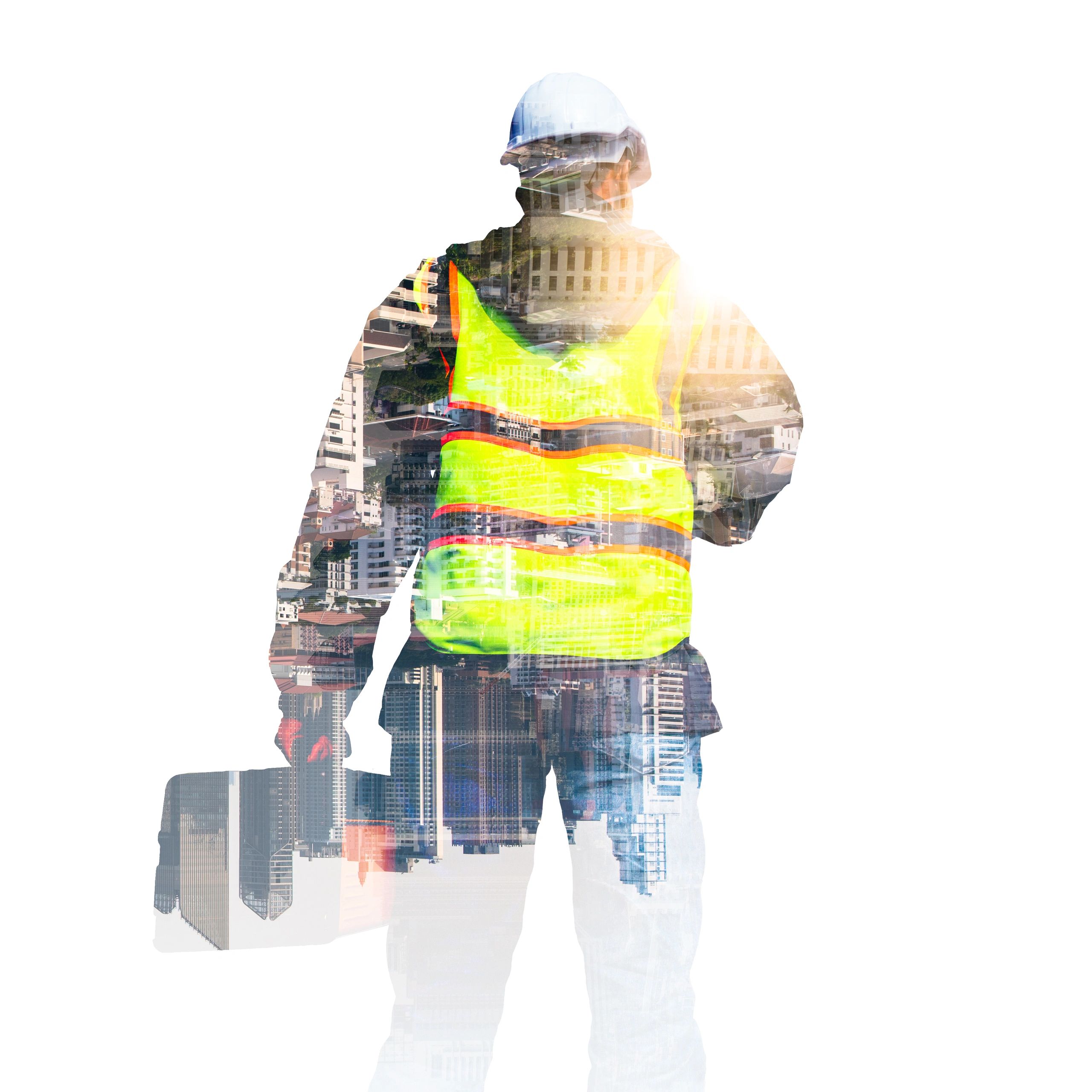 Trabajador de construcción doble exposición paisaje urbano